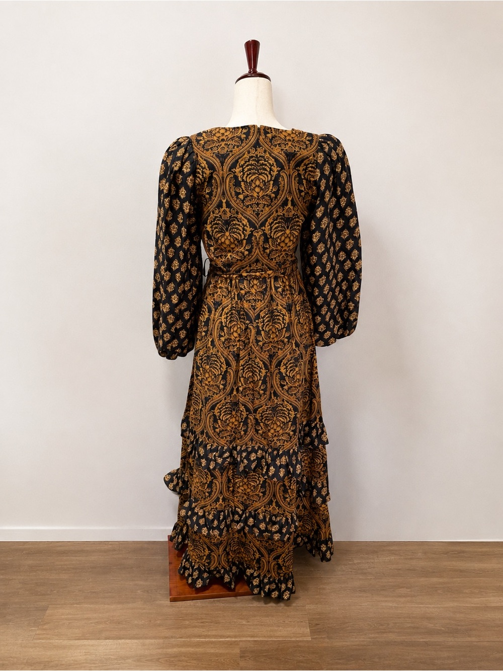 A Loves A XS Navy Gold Paisley Tiered Maxi Dress Boho Puff Sleeve - Picture 4 of 10